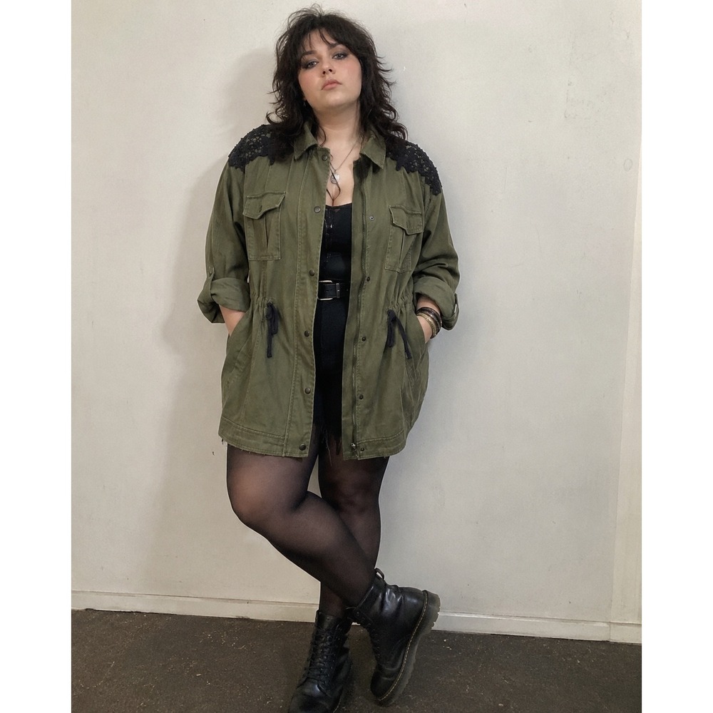 Torrid Crochet Military Jacket Olive Green Black Lace Plus 0 Cinch Waist Indie